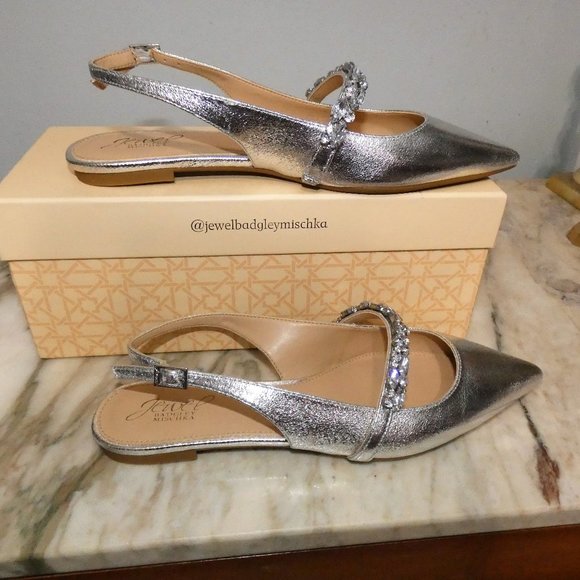 NiB Jewel Badgley Mischka Bambi Pointed Toe Sling Back Flats Silver 7.5 - Picture 12 of 16